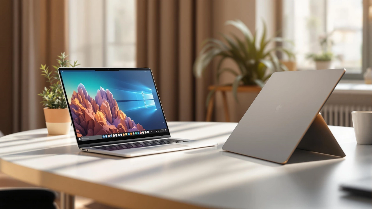 Laptop and tablet on a sunny desk with plants, showcasing productivity and minimalist workspace.
