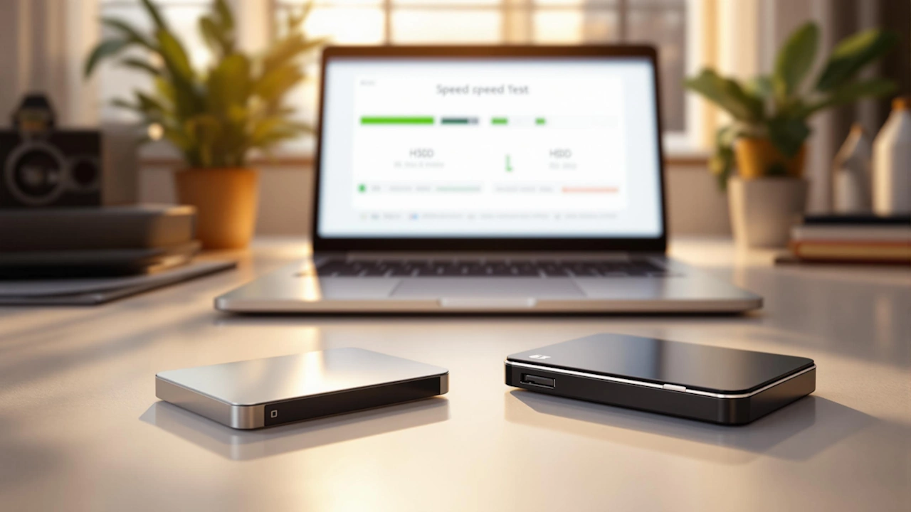 External hard drives on a desk with a laptop displaying a speed test in the background.