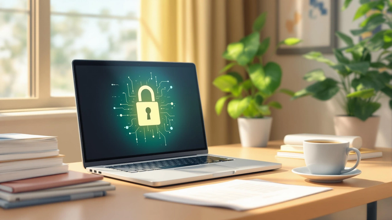 Laptop with lock symbol on screen, represents cybersecurity, on a desk with plants and coffee mug in a sunlit room.
